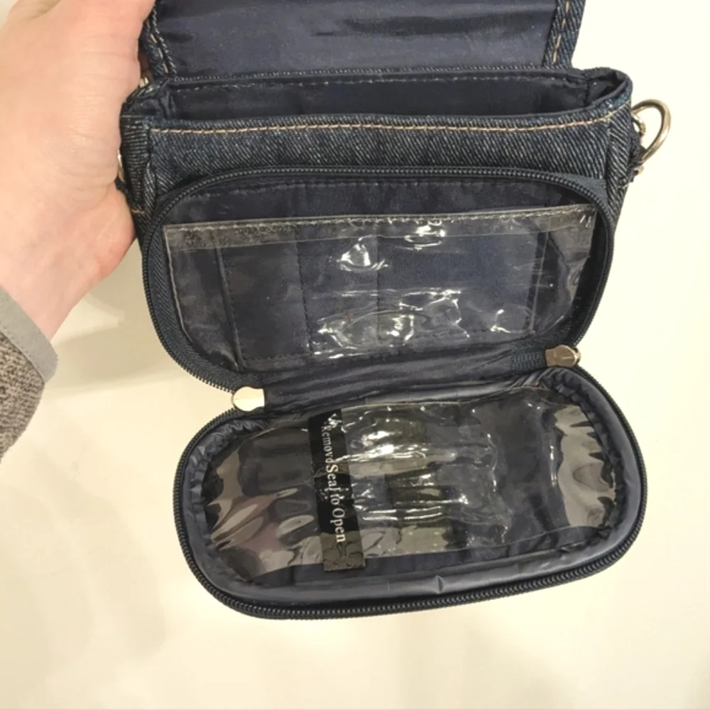 Vintage Denim Crossbody Bag with Red Handprint Accent